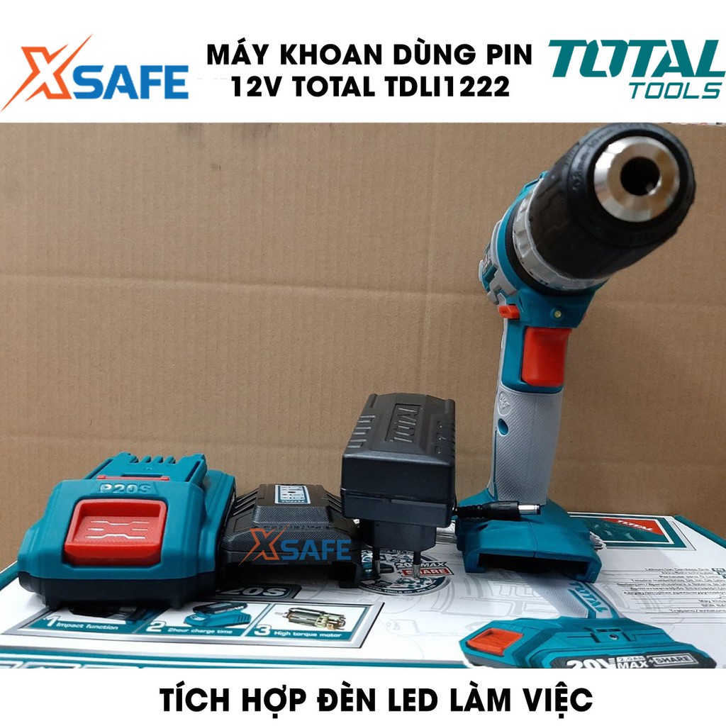 Máy khoan pin cầm tay 12V 10mm Total TDLI1222 tốc độ 1350v/p, lực siết 25nm, khả năng khoan 10mm, nhông 2 tốc độ - xsafe