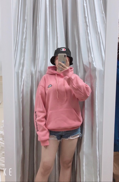 Áo hoodie vải nỉ lót bông dày dặn thêu đám mây hồng