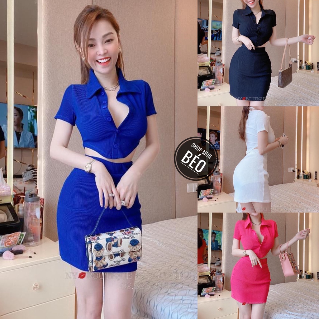 Set Áo Cổ Trụ Cúc Cài Kèm Chân Váy Có Lót Chất Thun Gân Thích Hợp Mặc Đi Tiệc Đi Làm Đi Chơi