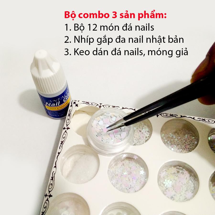 Bộ 12 món Hạt Nails trang trí móng tay, điện thoại, quần áo, Kèm nhíp gắp đá nails và keo dán - DIY
