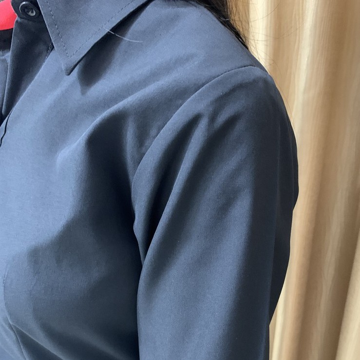 Áo sơ mi Nữ màu đen, Áo sơ mi dài tay công sở phối viền cổ đỏ đẹp !