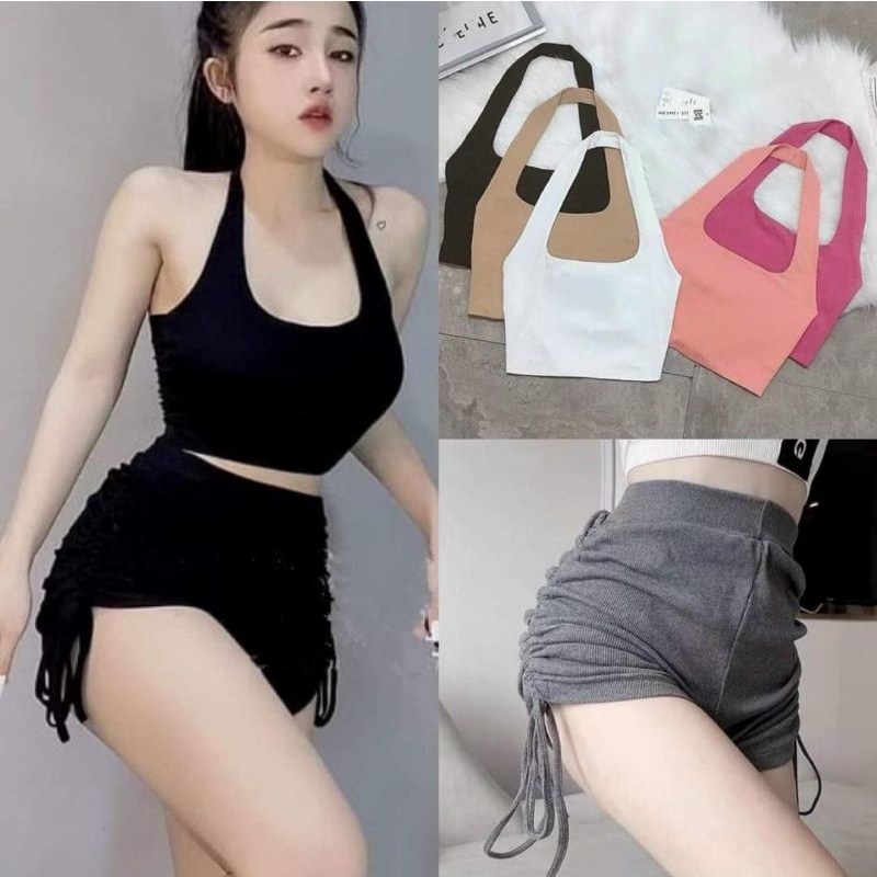 Set bộ áo rút dây 2 bên áo croptop ba lỗ phối quần đùi rút dây