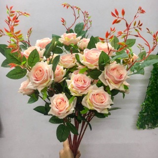 Mua Hoa hồng giả - hoa hồng pháp vải lụa cao cấp cành 3 bông lớn