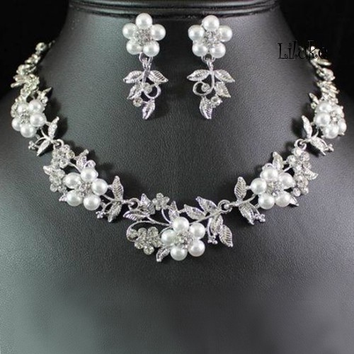 Bộ Vòng cổ + Đôi Khuyên Tai Mạ Bạc Trang Trí Hoa Và Ngọc Trai Thời Trang Cho Nữ