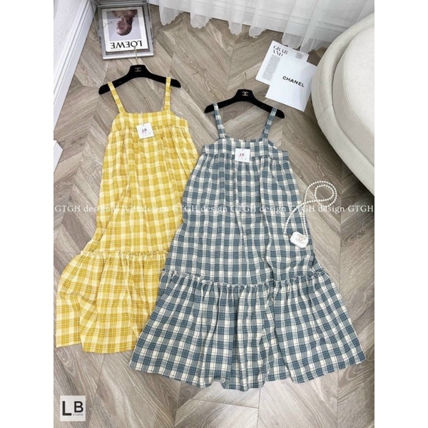 Váy đũi caro 2 dây xuông dài babydol bầu bí mặc thoải mái 45-79kg