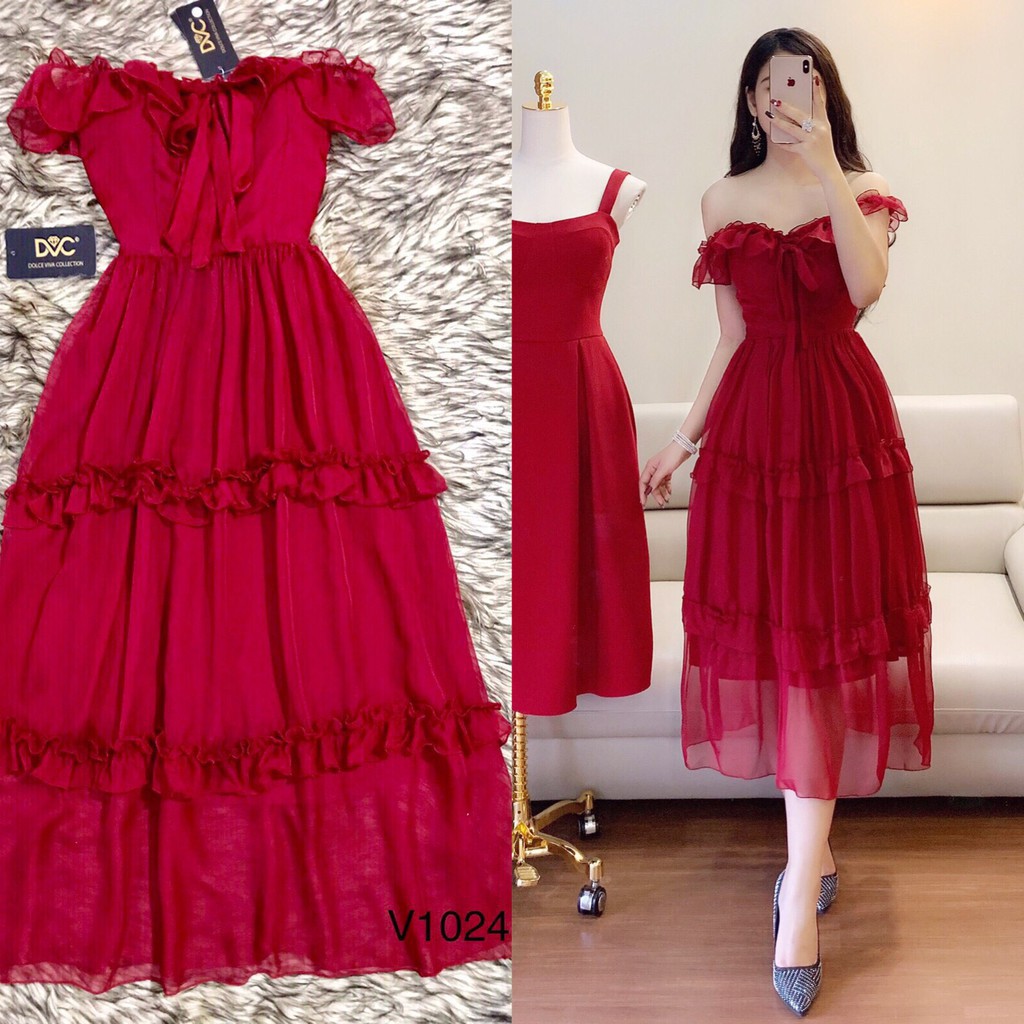 [ xả kho ] MiD Đầm maxi đỏ đô V1024 Mie Design ảnh thật