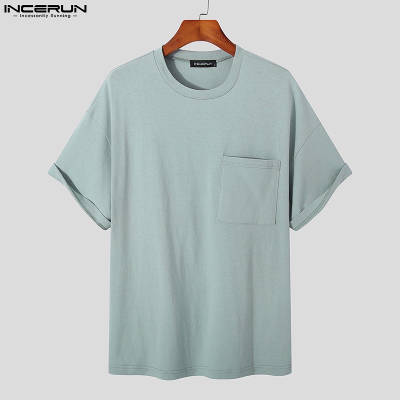 INCERUN Áo Thun Nam Ngắn Tay Cổ Tròn Màu Sắc Đơn Giản Size S-5XL