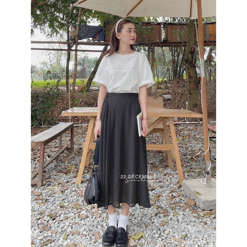 BÁN SỈ SÉT ÁO PULL TRẮNG MIX CHÂN VÁY CHẤM BI CHO NỮ