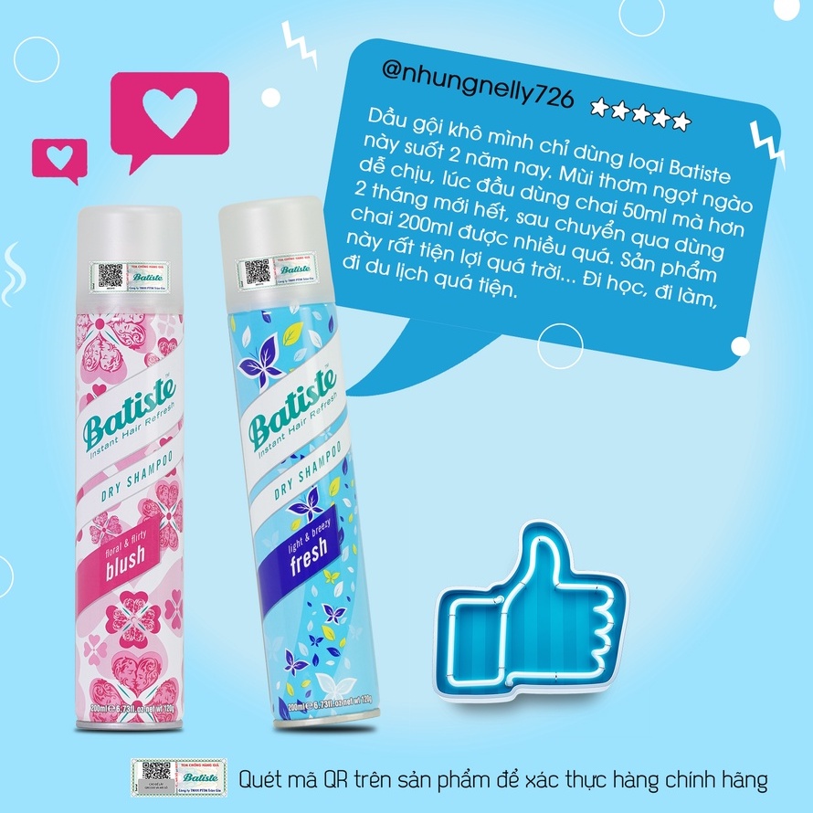 Dầu Gội Khô Hương Cổ Điển Batiste Dry Shampoo Clean & Classic Original 200ml