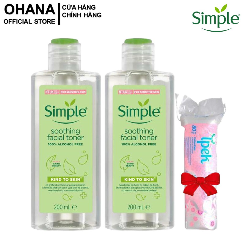 [Tặng Bông] Combo 2 Chai Nước Hoa Hồng Không Cồn Simple Kind To Skin Soothing Facial Toner 200ml/Chai