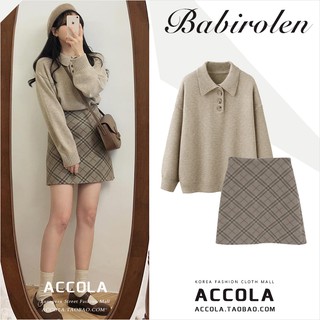 (HÀNG SẴN) Áo len nữ cổ bẻ POLO style MORAN nữ sinh Hàn Quốc+ Chân váy dạ dáng chữ A kẻ sọc (HÀNG_MỚI)