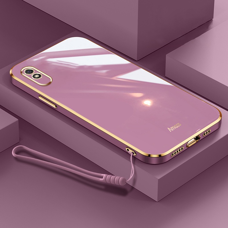 Ốp Điện Thoại Mềm Hình Vuông Mạ Viền Sang Trọng Có Dây Đeo Cho Xiaomi Redmi 9 9A 9T