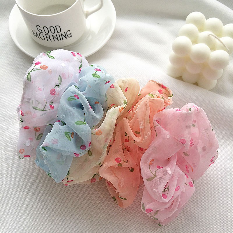 Dây cột tóc vải scrunchies trái cherry ngọt ngào. Phụ kiện cột tóc cao cấp.