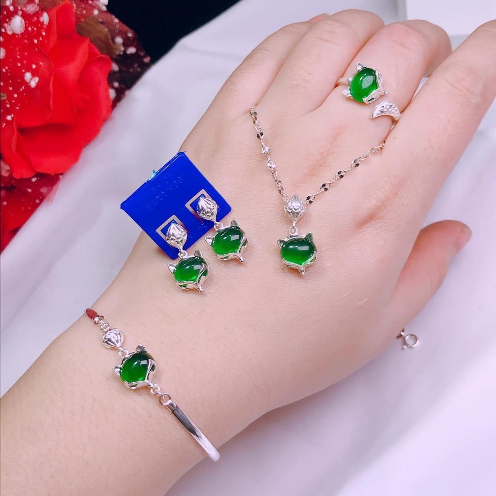 Bộ trang sức bạc ta mặt hồ ly gắn đá màu gồm Dây chuyền, Lắc tay,Bông tai và Nhẫn