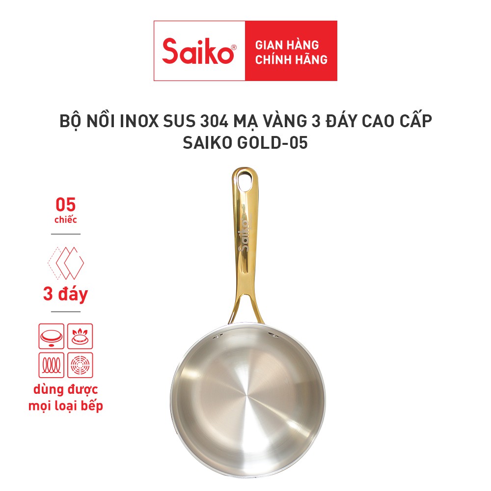 Bộ nồi inox cao cấp 3 đáy mạ vàng, 3 nồi 2 chảo kèm nắp phù hợp gia đình muốn có nguyên bộ cùng màu Saiko GOLD 05