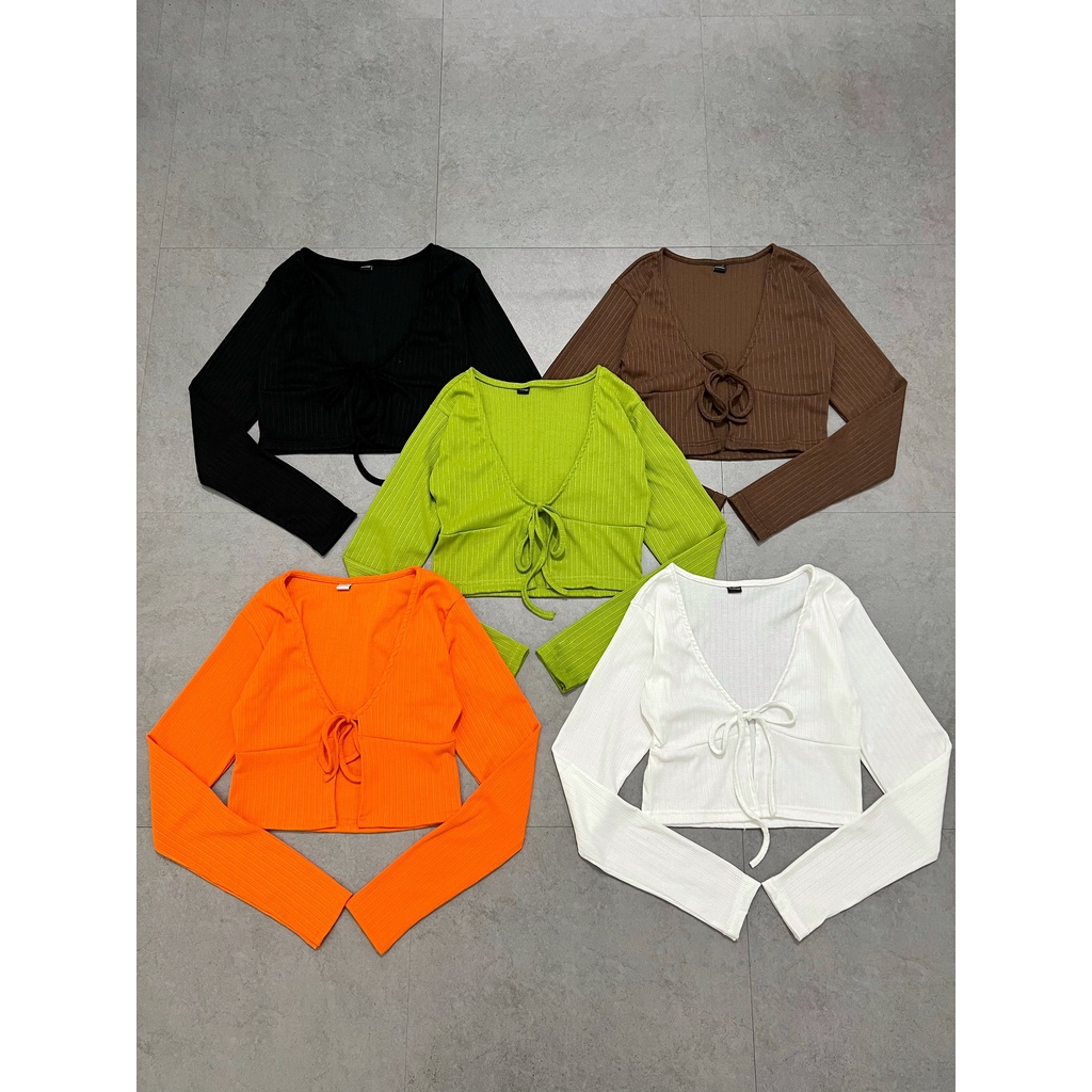 Áo croptop nữ tay dài HHVINTAGE kiểu cổ tim cột dây thun co giãn TOP A49