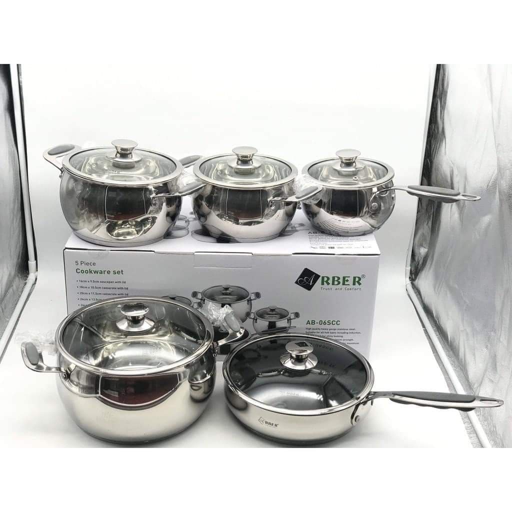 Bộ nồi Arber Đức 5 món AB06SCC hàng cao cấp chính hãng- tay cầm chống nóng BH 1 năm