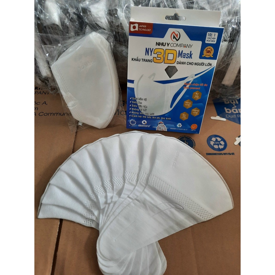 HỘP 10 CÁI KHẨU TRANG 3D CHO NGƯỜI LỚN NY 3D Mask Ngăn Bụi Kháng khuẩn Chống nắng Bảo vệ sức khỏe Sản xuất từ Cty Như Ý