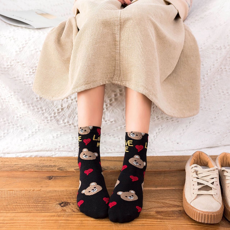 Cute Cartoon Bear Print Girls Socks New Fashion Kawaii Animal Colorful Mid-calf Length Women Socks Cotton Alphabet Love Soxes