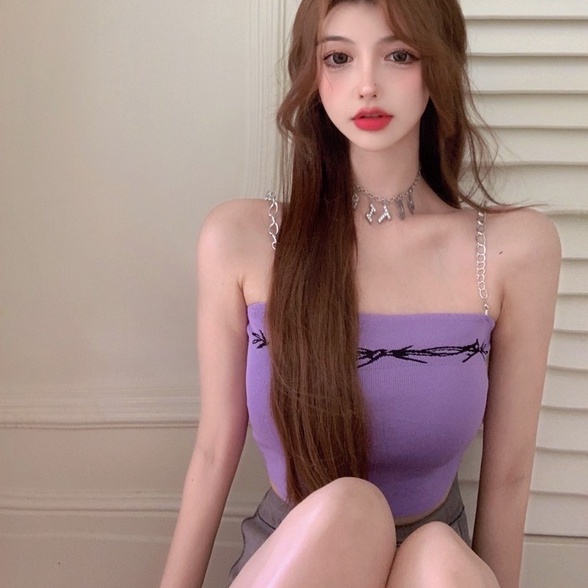 Áo Dệt Kim Hai Dây In Họa Tiết Xinh Xắn Dành Cho Nữ