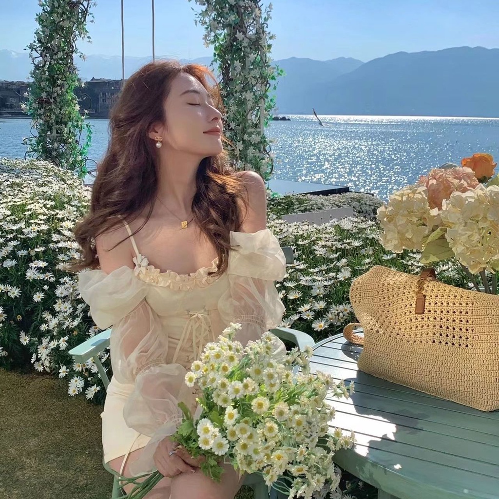 Cổ Phiếu Sẵn Sàng❣Ah F &amp; X Đầm Ống Tay Phồng Xuyên Thấu Dáng Ôm Phối Dây Buộc Thời Trang Mùa Hè Quyến Rũ 2022 Dành Cho Bạn Nữ