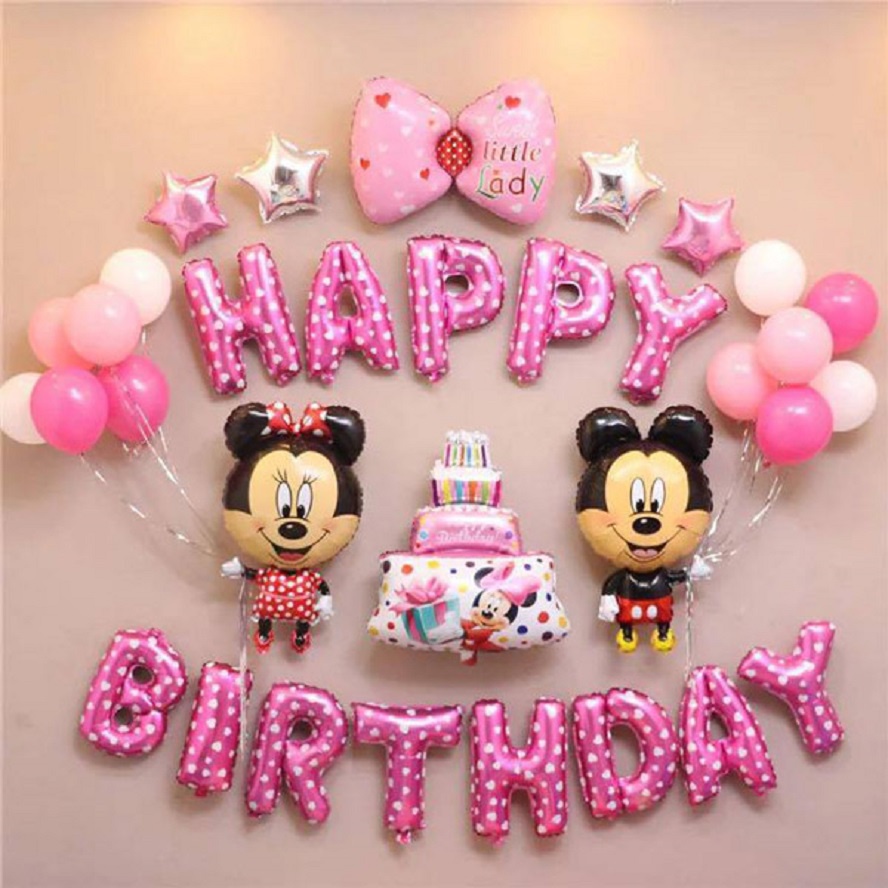 Trọn bộ bóng trang trí sinh nhật Happy Birthday chủ đề heo Peppa/ Mickey tặng kèm bơm tay 101263