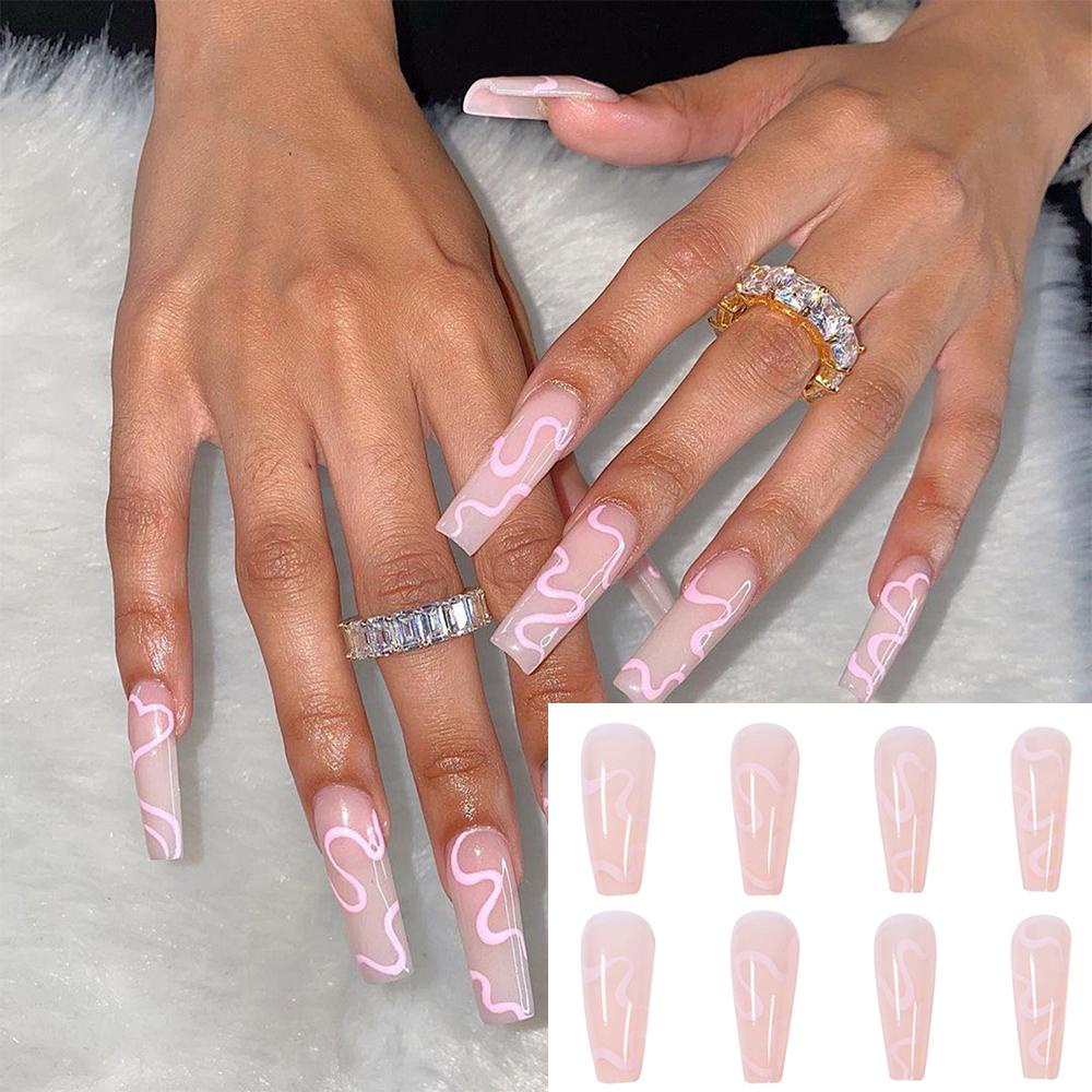 Hộp 24 Móng Tay Giả Ballerina Pháp Dài Che Phủ Toàn Diện Có Thể Tháo Rời