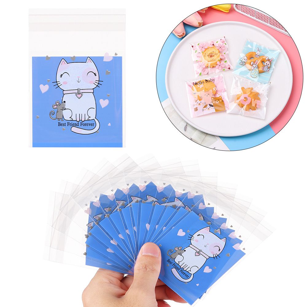 Set 100 túi nhựa OPP tự dính 7x7cm đựng bánh kẹo họa tiết hoạt hình dễ thương