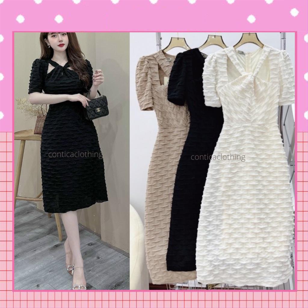 Váy thiết kế, đầm maxi tiểu thư dự tiệc vây xốp sóng cổ chéo hàng 2 lớp, dầy dặn- Hàng cao cấp