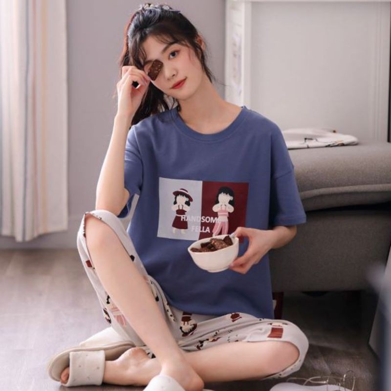 Bộ ngủ thun tay ngắn quần lửng hàng nhập Quảng Châu cao cấp đồ nữ đồ ngủ đồ mặc nhà hàng mới