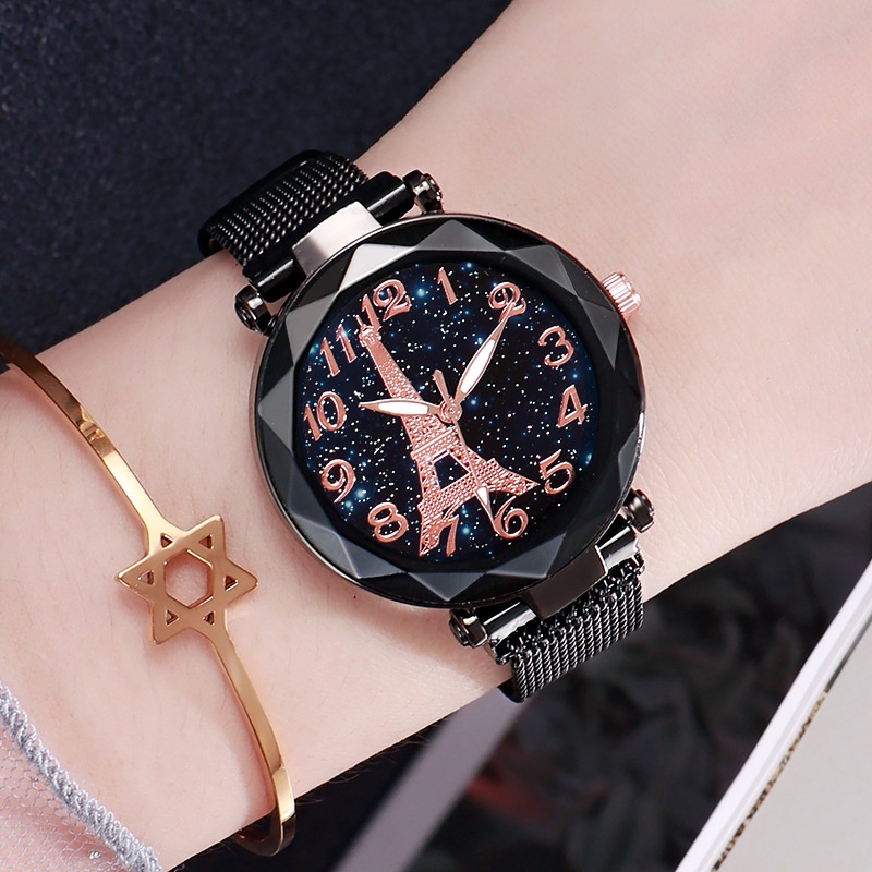 Đồng Hồ Quartz Mặt Tròn Trang Trí Hình Tháp Eiffel Với Dây Đeo Da JP5