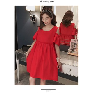 Váy bầu đỏ babydoll hở vai _1242