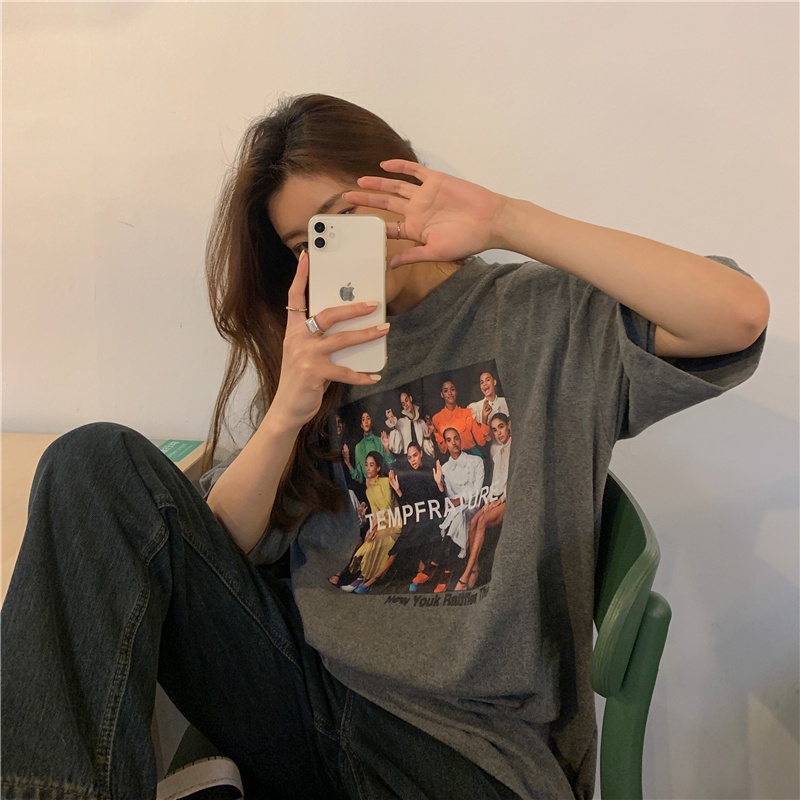 SUXI Áo Thun Cotton Tay Ngắn Dáng Suông In Hoạ Tiết Cổ Điển Thời Trang Phong Cách Hàn Quốc Cho Nữ