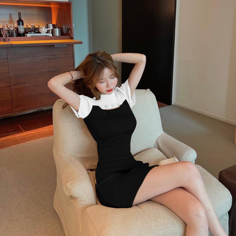 Đầm ZHELIHANGFEI dệt kim ngắn tay hở ngực phối màu sắc trẻ trung thời trang