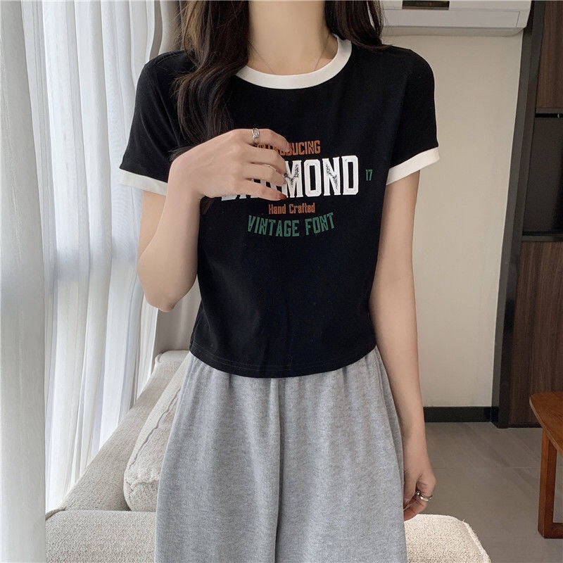 Áo thun IELGY dáng ôm ngắn tay màu trơn in chữ thời trang hè cho nữ