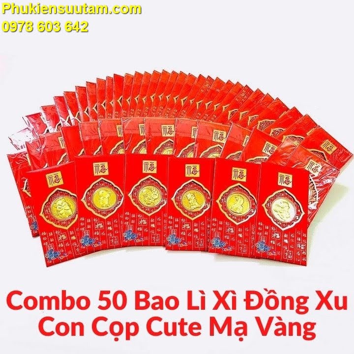 Combo 50 Bao Lì Xì Đồng Xu Con Cọp Cute Mạ Vàng, Chất liệu Giấy bìa, hộp nhựa, màu đỏ - SP005487
