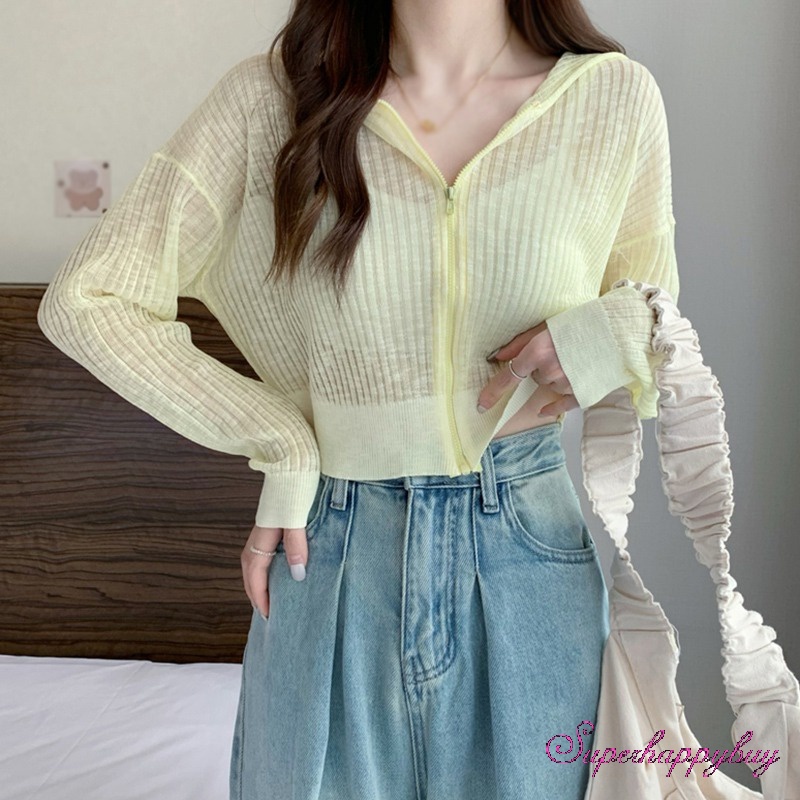 Áo Khoác Cardigan Dệt Kim Chống Nắng Vải Lụa Lạnh Mỏng Xuyên Thấu Có Mũ Trùm Che Nắng Cho Nữ