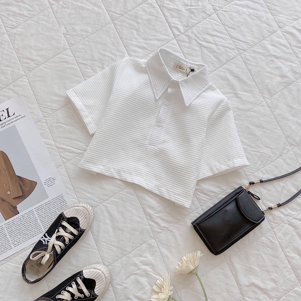 Áo Croptop Tổ Ong Cổ Bẻ- Thun kiểu polo dáng ôm body ngắn tay màu trắng hàn quốc cá tính Ulzzang