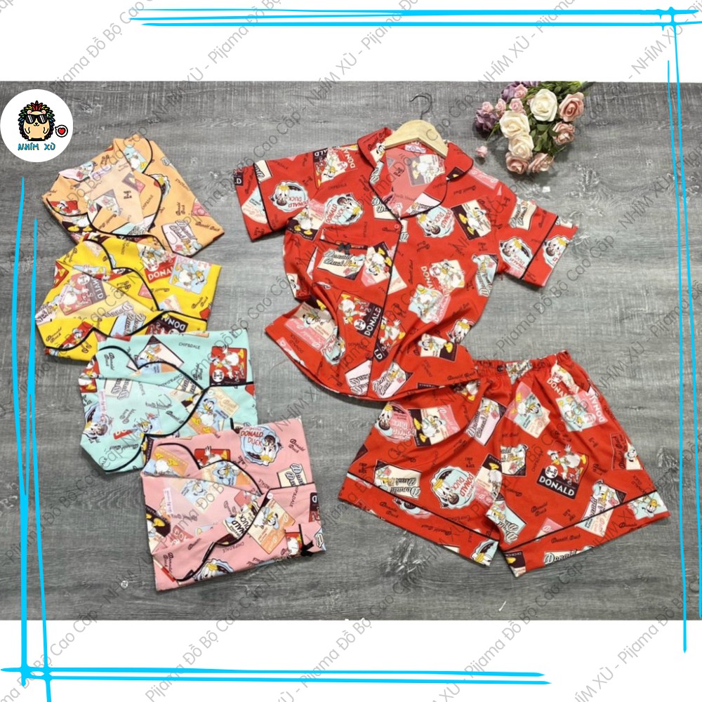 Đồ Bộ Ngủ Pijama Mặc Nhà Áo Tay Ngắn Quần Đùi Vài Satin Cao Cấp Vịt Donald