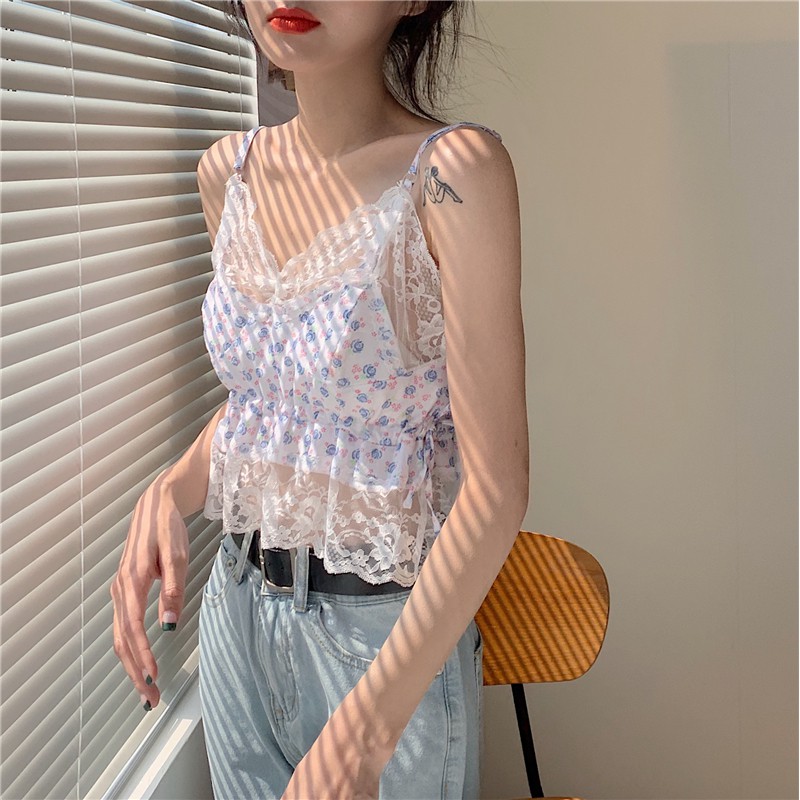 CÓ SẴN - Set áo croptop hoa nhí xanh phối ren cùng áo thun trắng | BigBuy360 - bigbuy360.vn