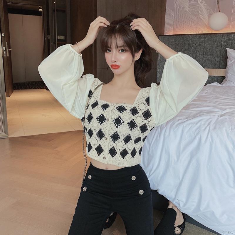 Áo sơ mi chiffon dệt kim cổ vuông tay phồng phối nút kiểu retro Hàn Quốc xinh xắn cho nữ