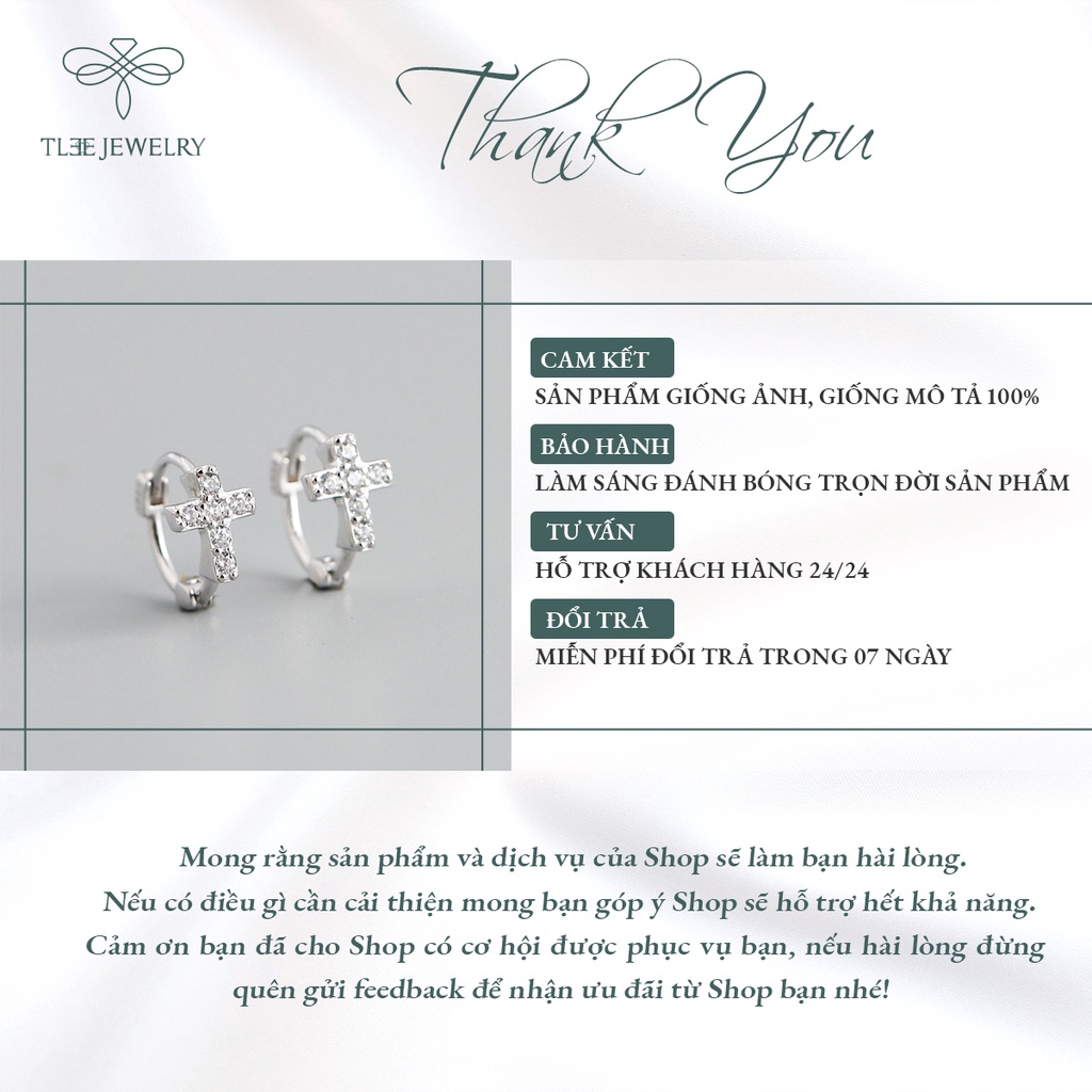 Khuyên tai bạc unisex TLEE tròn thánh giá nạm đá mẫu đeo ngắn có chốt bấm NCJ B0141