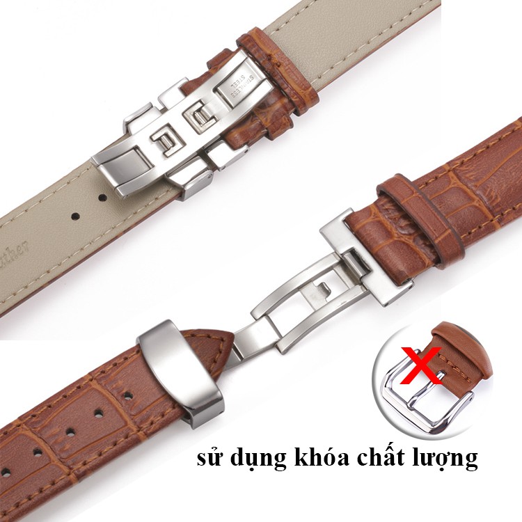 Dây đồng hồ da bò xịn SIZE 20mm, khóa bướm thép 316 (nâu-B08)