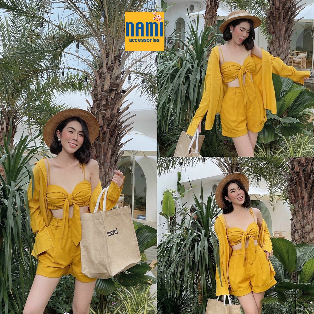 ( HÀNG CHUẨN ĐẸP ) Combo 3 Món Set Áo Sơ Mi Form Rộng Kèm Bra Croptop Nơ Ngực Và Quần Short Gợi Cảm Xinh Xắn - ATNU019