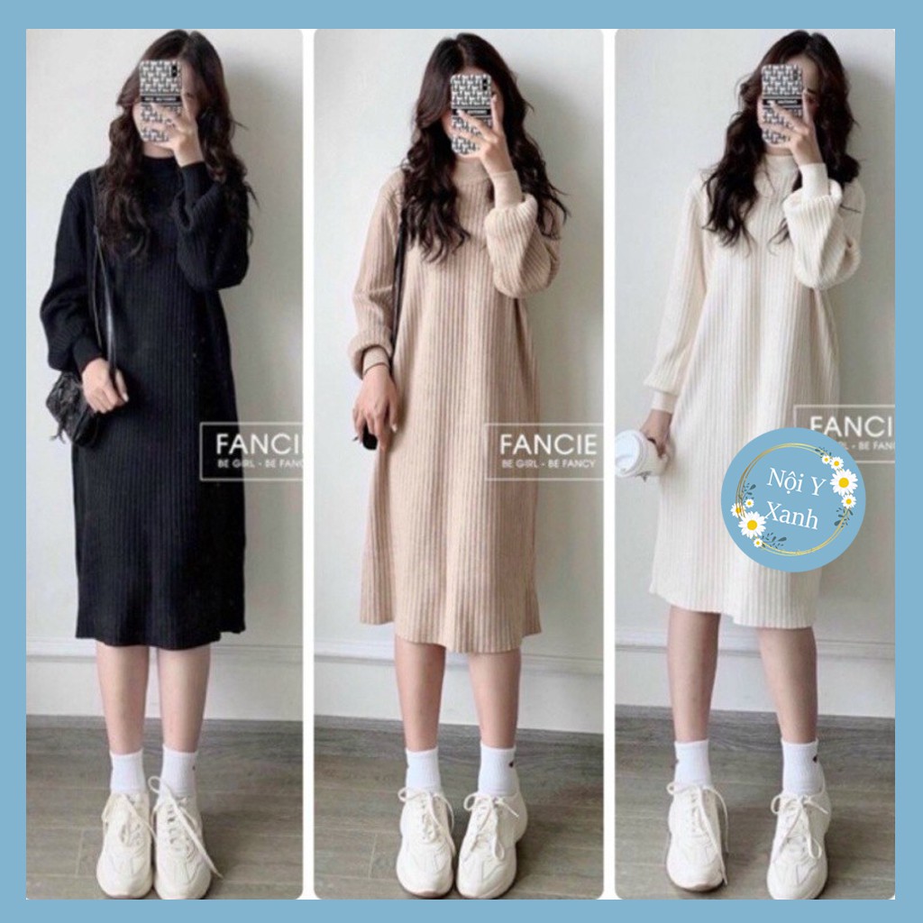 Váy len suông dài tay bo, đầm suông thun len gân dáng dài thu đông 3 màu ulzzang chất đẹp chất xuất dư