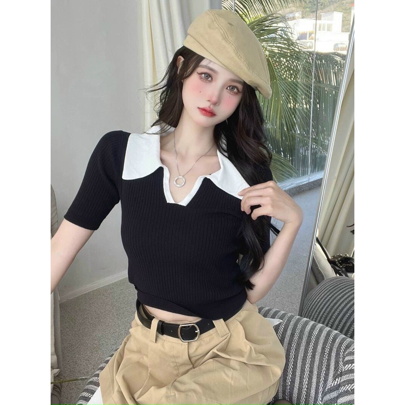 ÁO CROPTOP NỮ KIỂU LỬNG NỮ CỔ BẺ KHOÉT V MÀU TRẮNG ĐEN SIÊU NGẦU HOT HIT CO GIÃN CỰC PHÁ CÁCH NITIQC