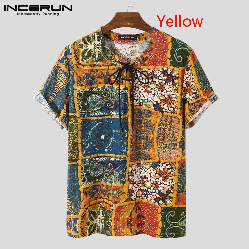 Áo INCERUN cotton tay ngắn thắt dây in họa tiết cổ điển thời trang dành cho nam với 5 màu tùy chọn