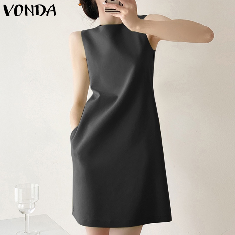 Đầm ngắn VONDA không tay cổ tròn màu trơn thời trang mùa hè Hàn Quốc màu sắc đơn giản dành cho nữ