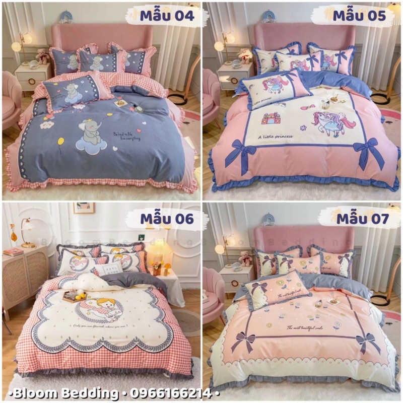 (14 Mẫu Sẵn) Set Chăn Ga Gối Cotton Phối Bèo 4 món - Hàng loại 1