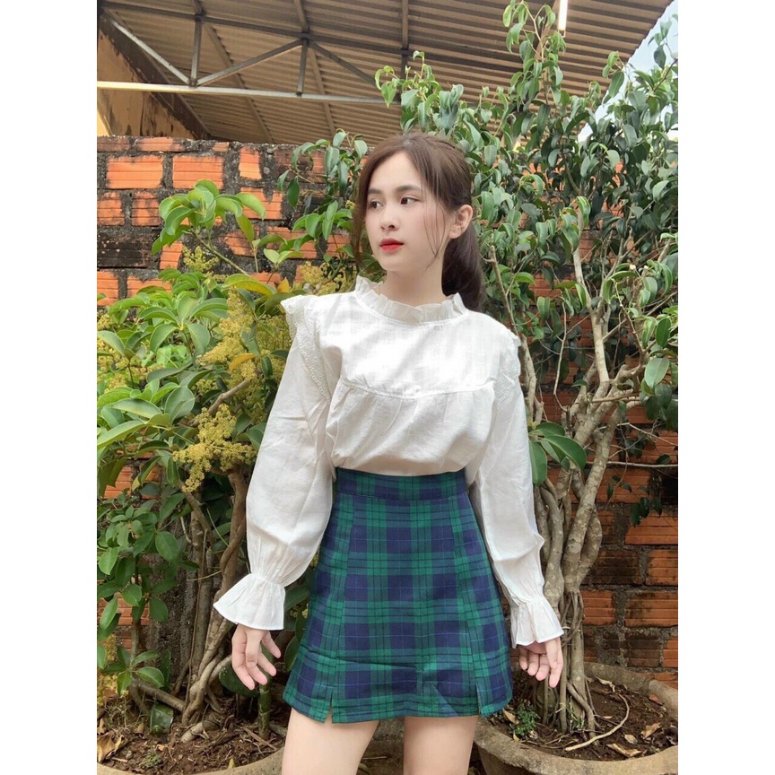 Set chân váy kẻ kèm áo sơ mi vintage siêu xinh